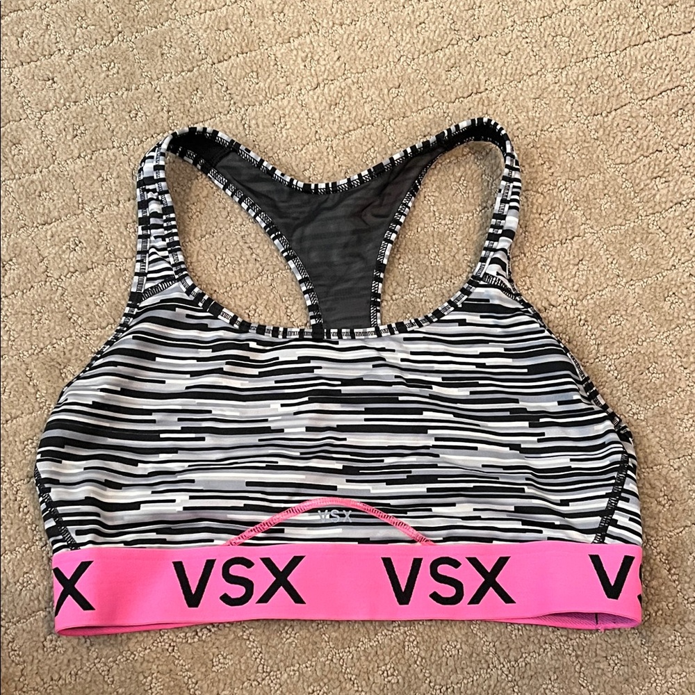 VSX Black and White Striped Sports Bra with Pink Band